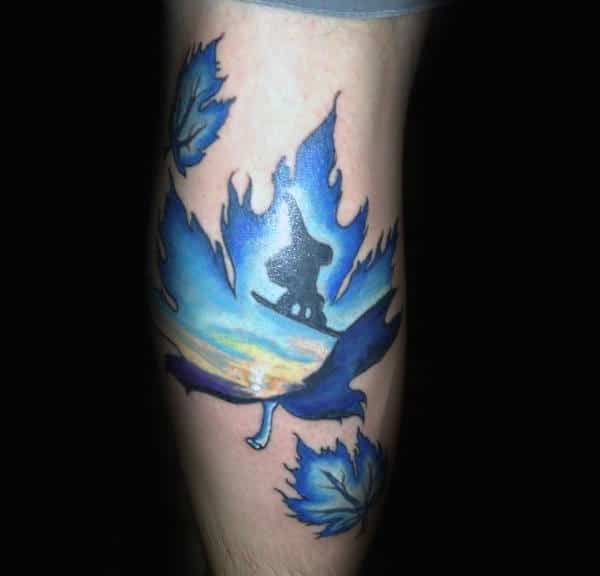 Guys Forearms Bluish Leaves And Snowboard Tattoo