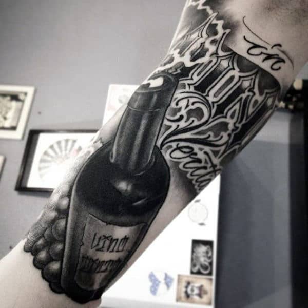 Guys Forearms Bottle And Lettering Tattoo