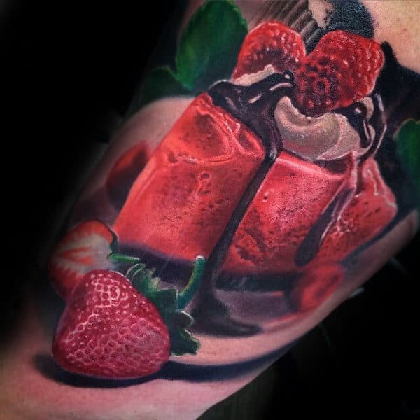 Guys Forearms Bright Red Strawberry Cake Food Tattoo