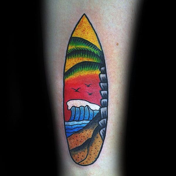 Guys Forearms Colored Surf Board Tattoo