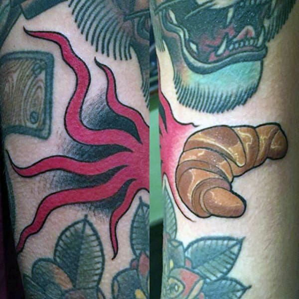 Guys Forearms Cresent Roll Food Tattoo