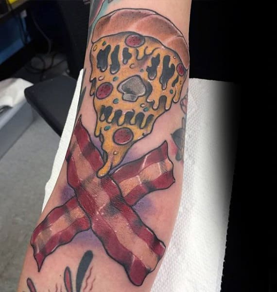 Guys Forearms Crossed Bacon And Melting Cheesy Skull Pizza Tatto
