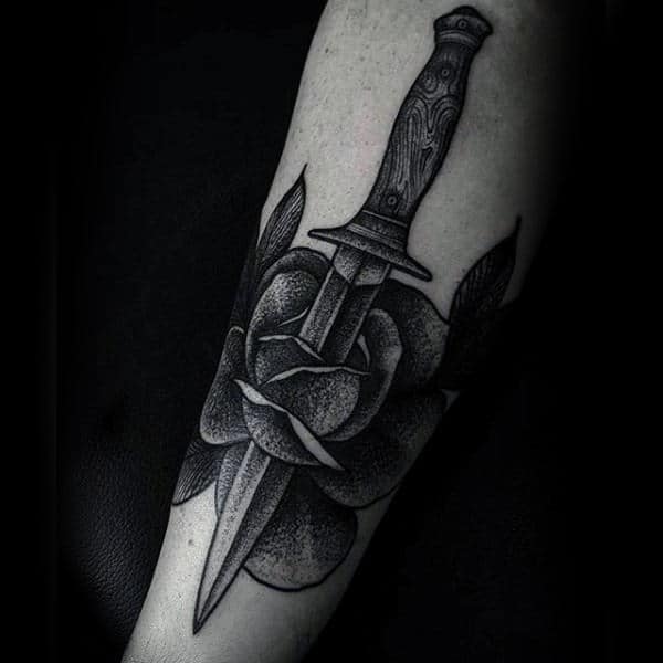 Guys Forearms Dagger And Rose Tattoo