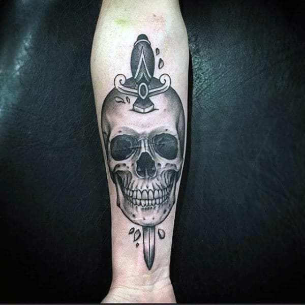 Guys Forearms Dagger And Skull Tattoo