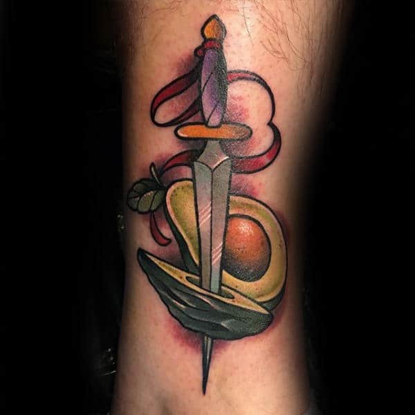 Guys Forearms Dagger Avacado Tattoo