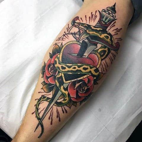 Guys Forearms Dagger Heart And Snake Tattoo