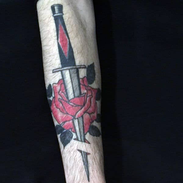 Guys Forearms Dagger Through Red Rose Tattoo