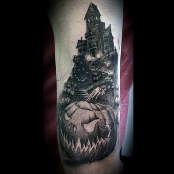 Guys Forearms Dark House And Pumpkin Halloween Tattoo