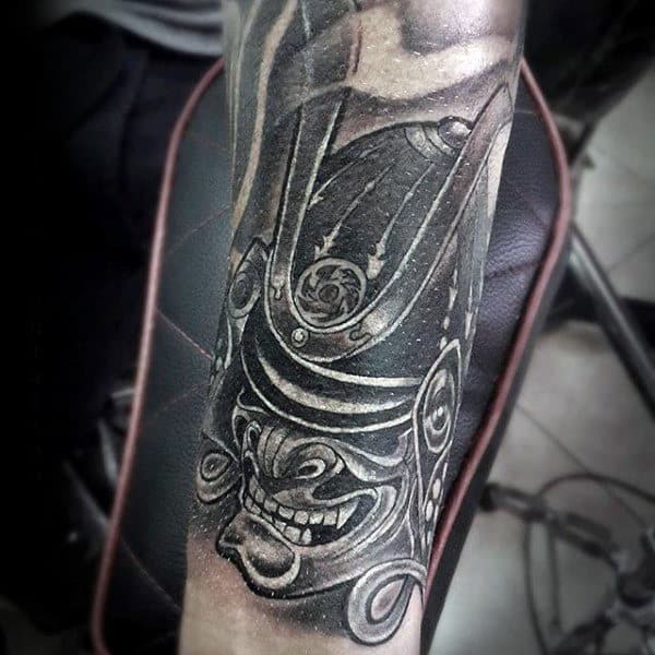 Guys Forearms Detailed Black And White Helmet And Toothy Grin Tattoo