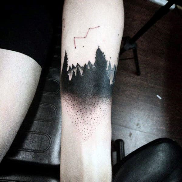 Guys Forearms Dotwork Dark Forest Tattoo