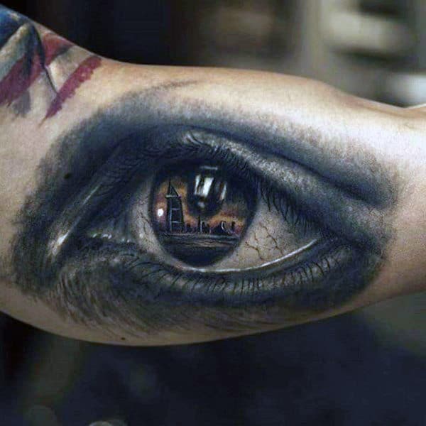 Guys Forearms Eye With Seafront Design Tattoo