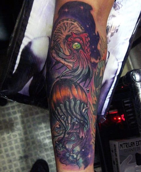 Guys Forearms Fabulous Purple Green Eyed Jellyfish Tattoo