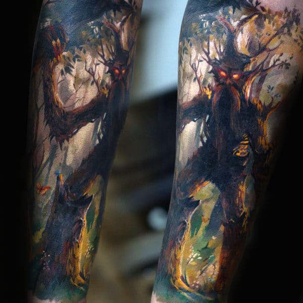 Guys Forearms Ghostly Watercolor Tree Tattoo