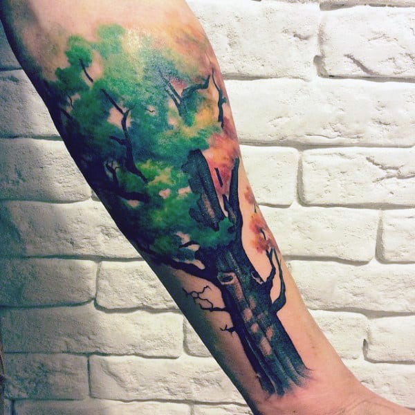 Guys Forearms Green Leaved Oak Tree Painting Tattoos
