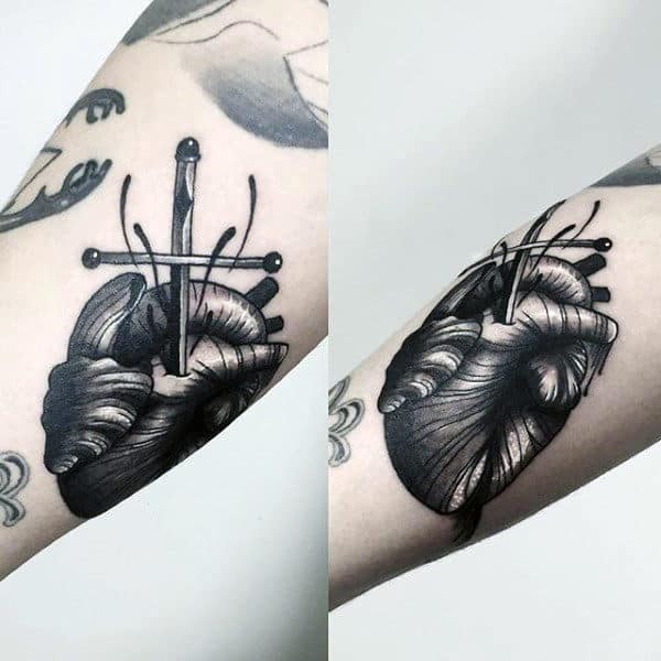 Guys Forearms Grey Heart And Dagger Tattoo