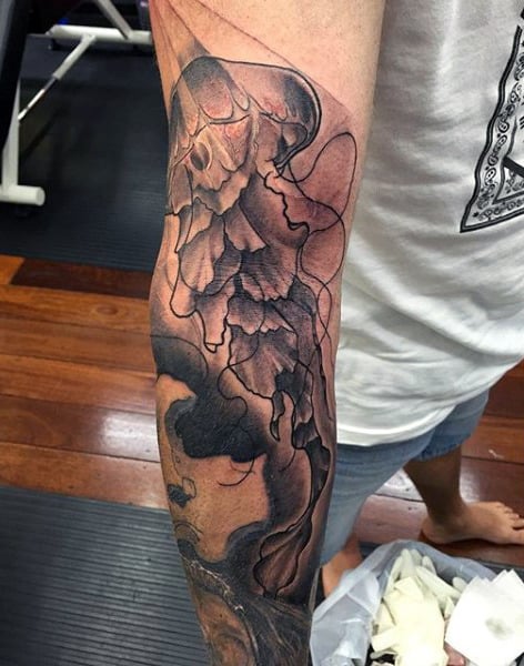 Guys Forearms Greyish Jellyfish Tattoo