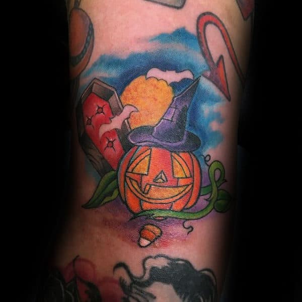 Guys Forearms Grinning Halloween Pumpkin Tattoo