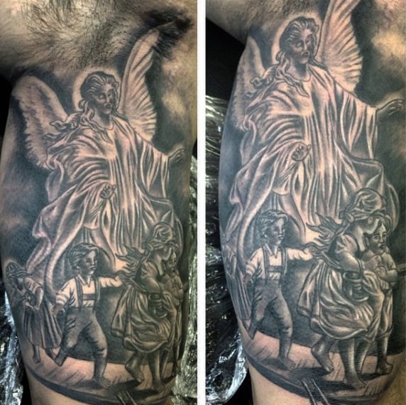 Guys Forearms Guardian Angel Watching Over Kids Tattoo