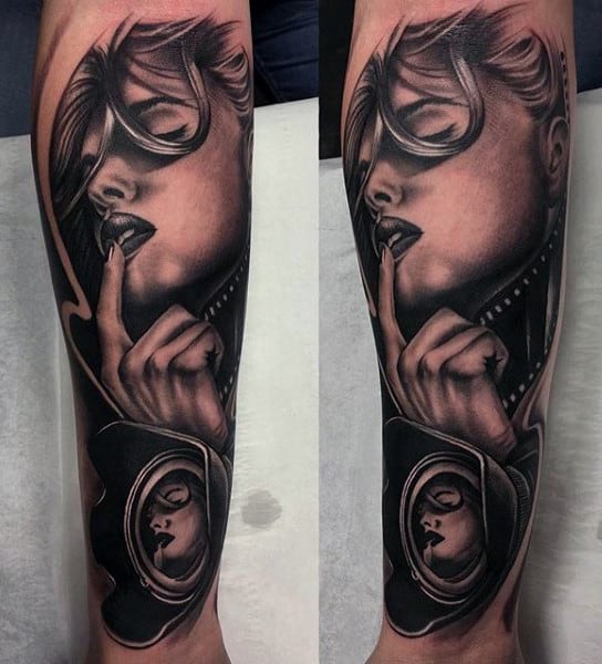 Guys Forearms Lady And Camera Reel Tattoo Idea Inspiration With Shaded Black Ink