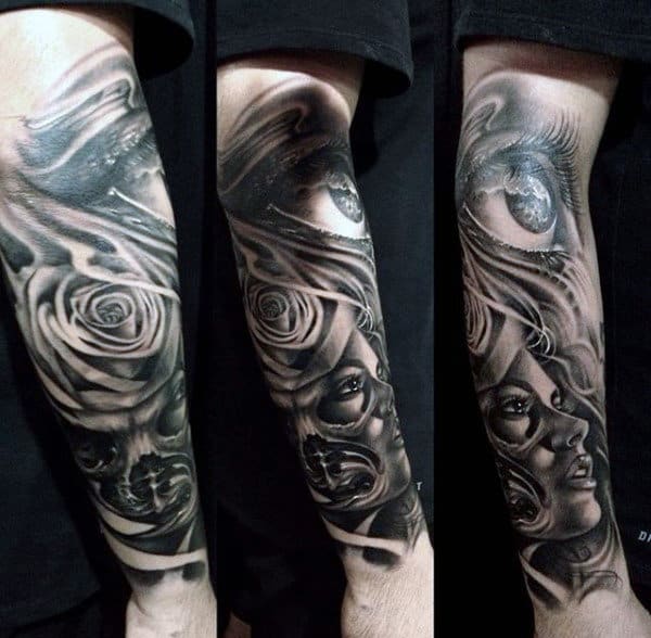 Guys Forearms Large Beautiful Eye And Rose Tattoo