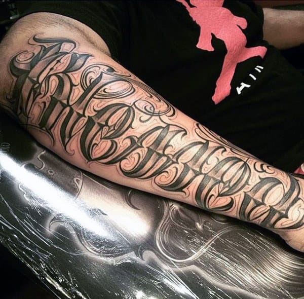 Guys Forearms Marvellous Lettering Tattoo