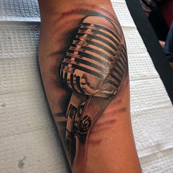 Guys Forearms Metal Microphone Tattoo