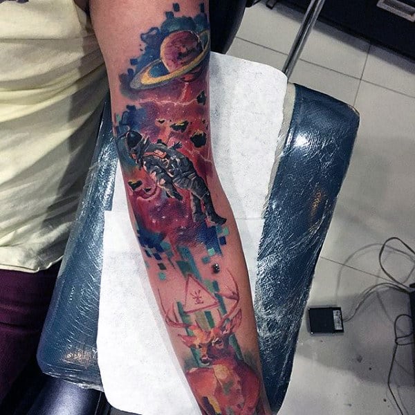 Guys Forearms Modern Art Astronaut Tattoo