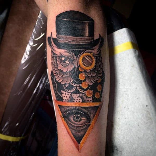 Guys Forearms Owl With Black Hat And Eye Tattoo
