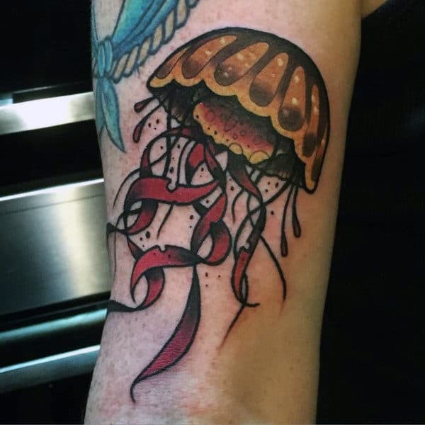 Guys Forearms Red Tentacled Jellyfish Tattoo