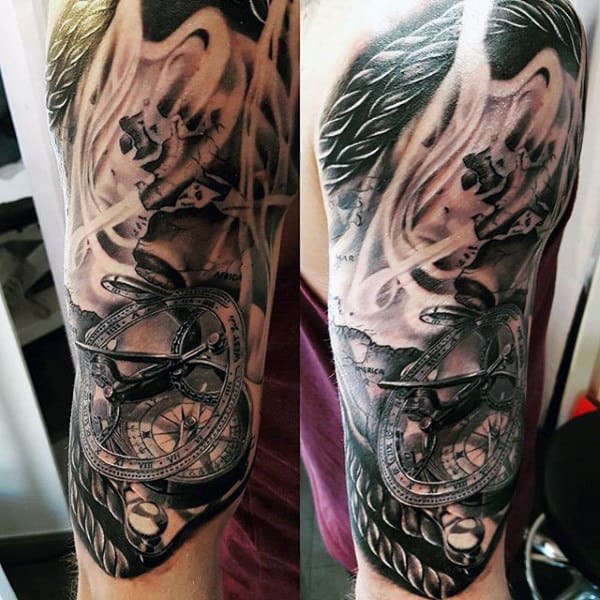 Guys Forearms Rope And Compass Tattoo