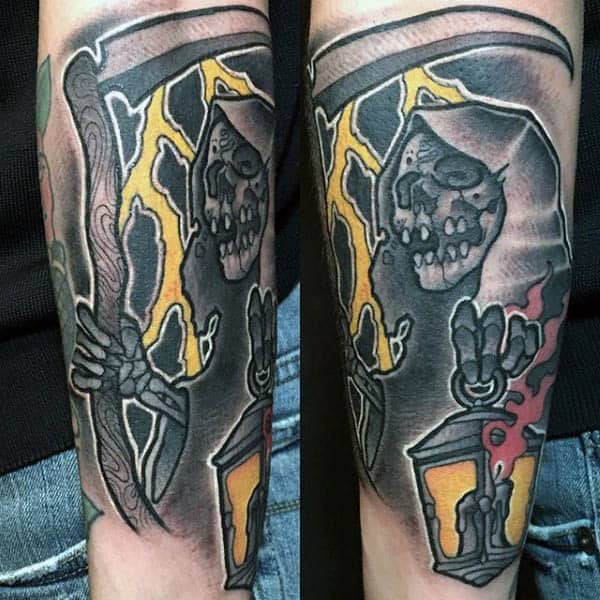 Guys Forearms Scary Ghoulish Skull Neo Traditional Tattoo