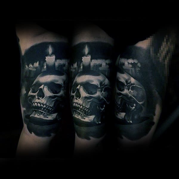 Guys Forearms Skull With Candle Sick Tattoo