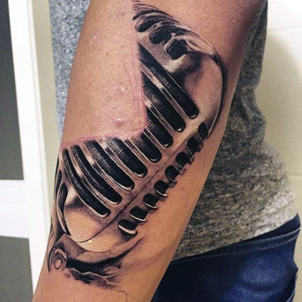 Guys Forearms Sliced Off Microphone Tattoo