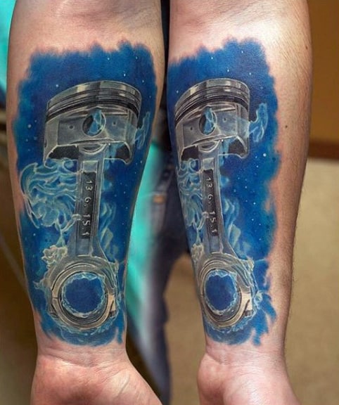 Guys Forearms Smoky Blue Background Engine Tattoo