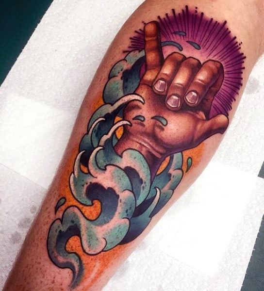 Guys Forearms Surf And Fingers Tatto