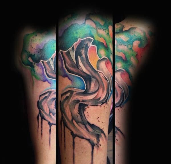 Guys Forearms Twisted Bark Watercolor Tree Tattoo