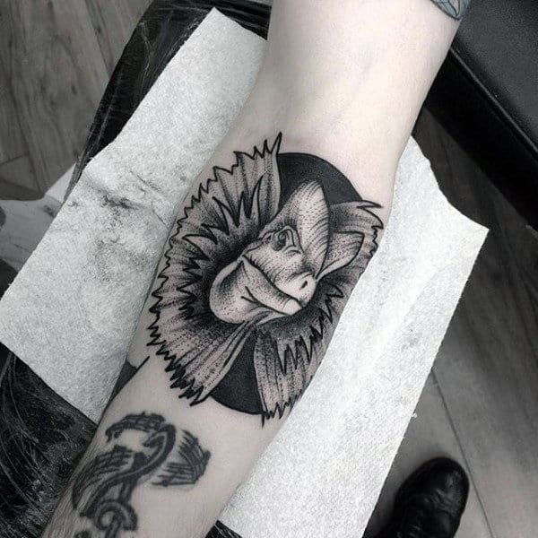 Guys Forearms Winged Head Dinosaur Tattoo