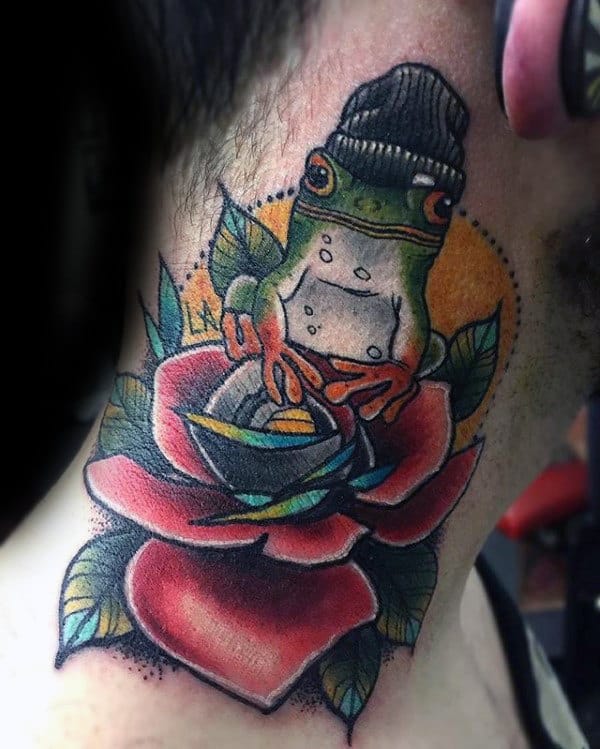 Guys Frog And Rose Neck Tattoos