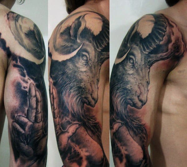 Guys Full Arm Baphomet Tattoo Design Ideas