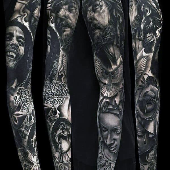 Guys Full Arm Christian Jesus Tattoo Sleeve Inspiration