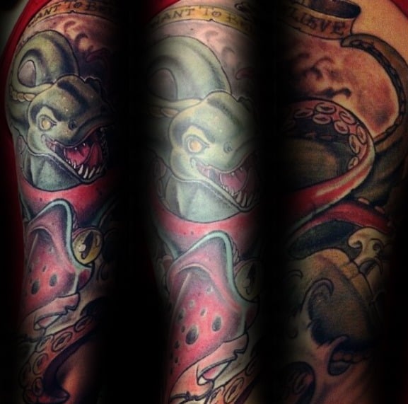 Guys Full Arm Loch Ness Monster Tattoo Design Ideas