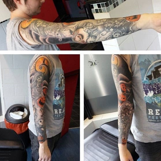 Guys Full Arm Sleeve Night Before Christmas Themed Tattoo Ideas