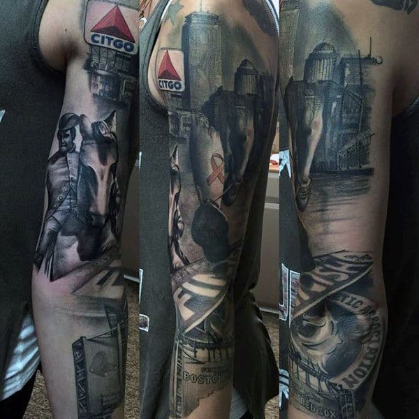 Guys Full Arm Sleeve Running Tattoo Design Realistic Ideas
