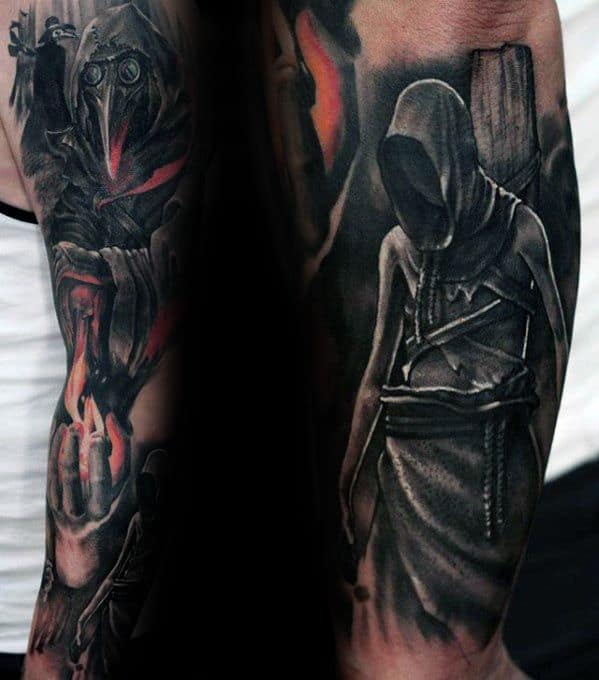 Guys Full Arm Sleeve Tattoos With Plague Doctor Design