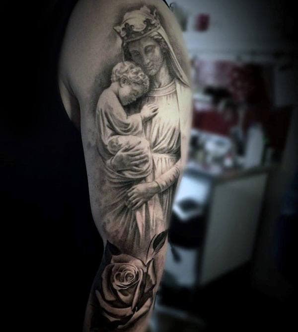 Guys Full Arm Tattoo Of Virgin Mary Holding Baby Jesus With Rose Flower