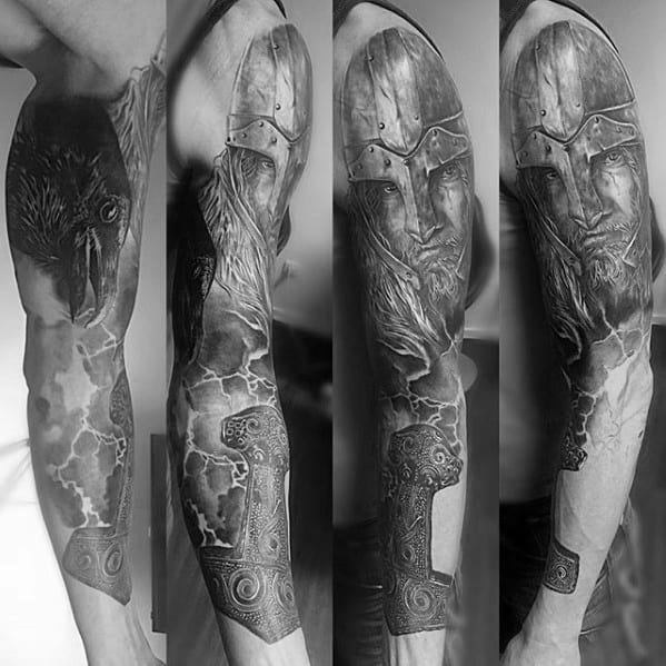 Guys Full Arm Thor Hammer With Thunderstorm Lighting Tattoo