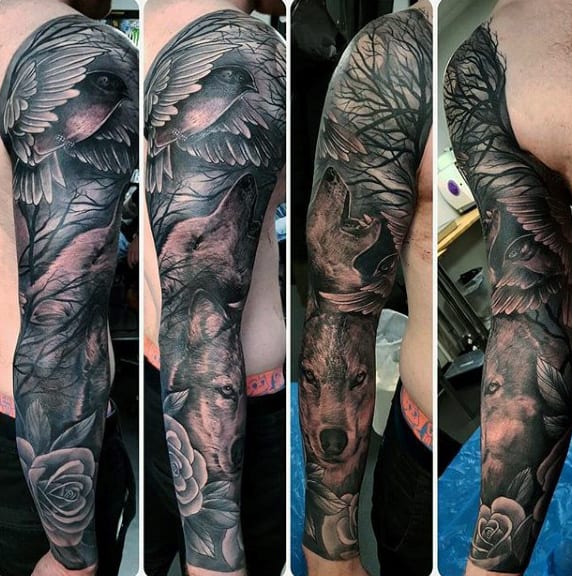 Guys Full Arm Wolves In Forest Animal Tattoo Sleeve