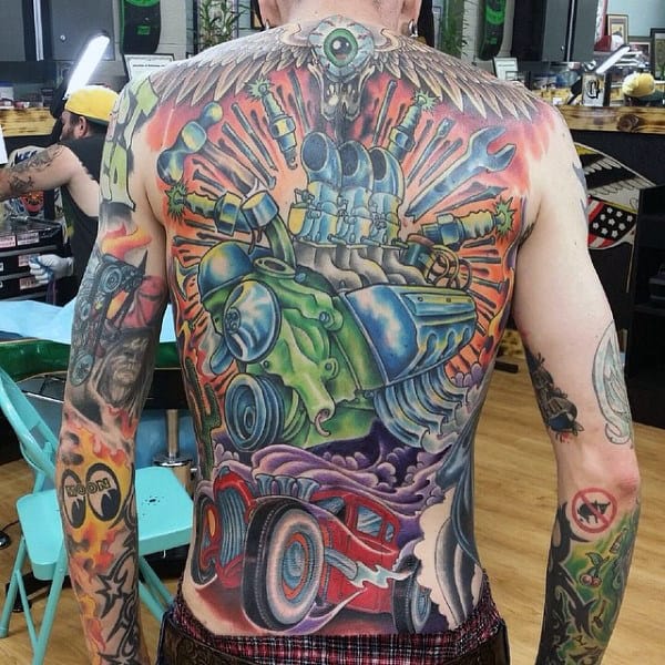 Guys Full Back Astonishing Hot Rod Tattoo