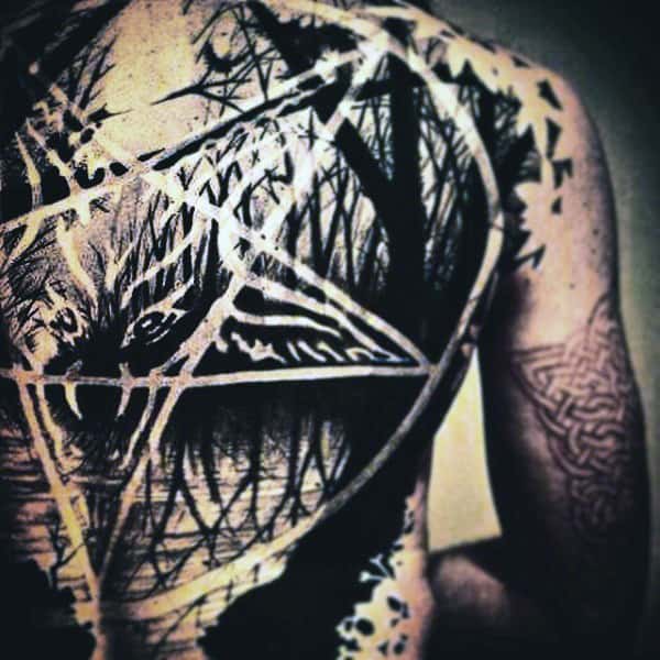 Guys Full Back Black White Lakeside And Pentagram Tattoo