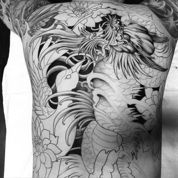 Guys Full Back Crane Dragon Japanese Tattoo Designs